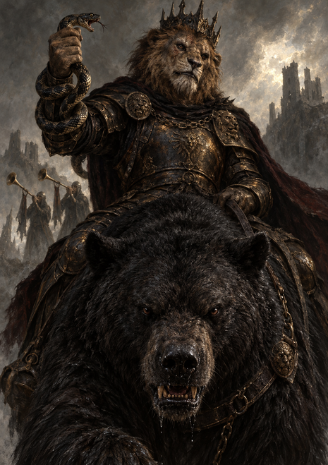 Crowned lion-headed armored figure riding a black bear and raising a snake, with horn players and a ruined tower behind.