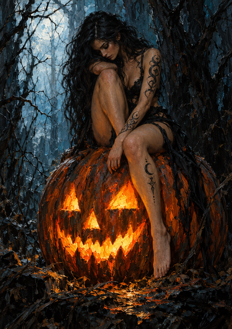 Tattooed woman seated on a glowing carved jack-o’-lantern in a bare blue-gray forest.