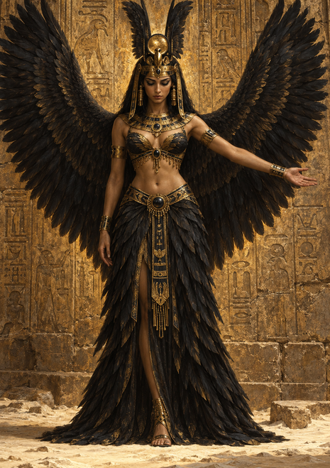 Full-length winged woman in Egyptian-inspired jewelry and a dark feathered skirt before a gold-toned stone wall with carved-looking motifs.