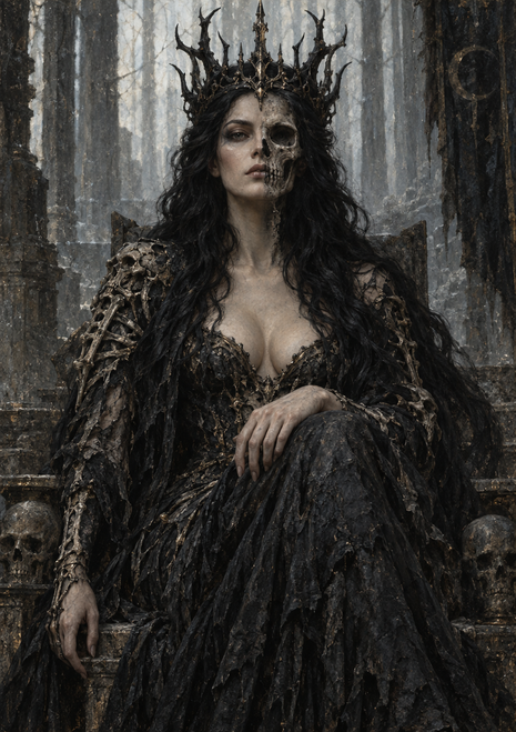 Crowned woman with a half-skeletal face seated on a stone throne, flanked by skull ornaments.