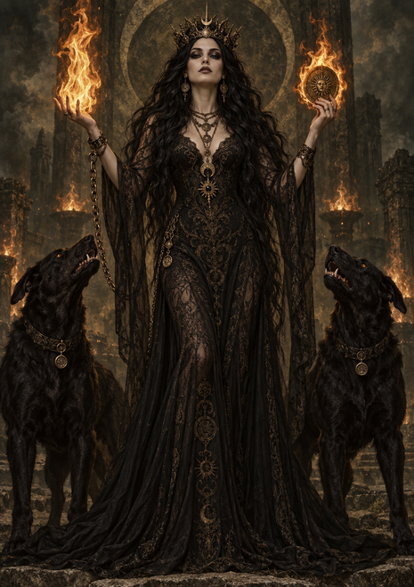 Crowned woman in a dark embroidered gown with two black dogs, hanging chains, and flames above her hands.