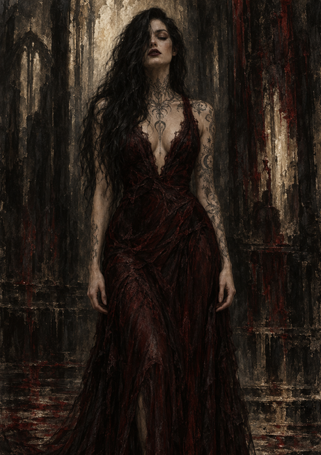 Long-haired woman with ornamental tattoos wearing a dark floor-length gown against a distressed stone-like background.
