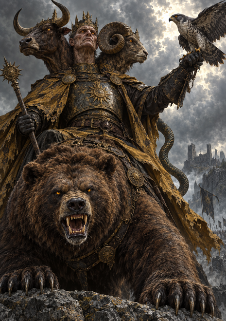 Crowned three-headed armored figure behind a large bear, with a bird of prey, staff, and distant castle.