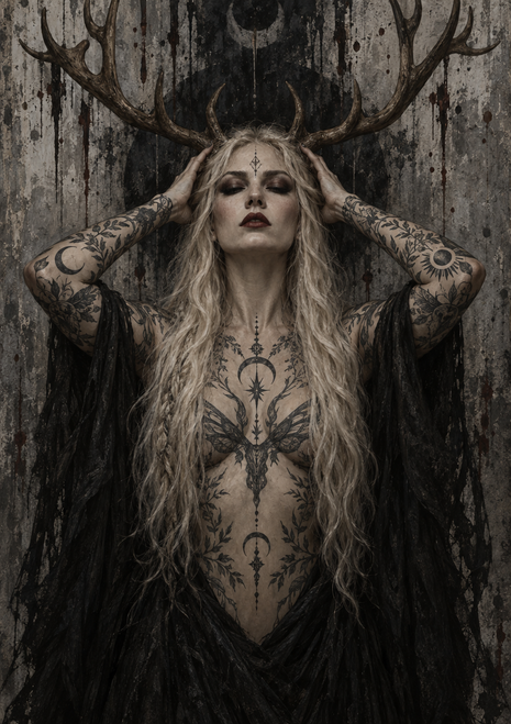Long-haired tattooed woman with branching antlers and a dark garment against a distressed wall.