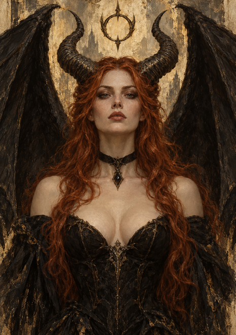 Red-haired adult woman with curved horns, black feathered wings and an ornate black-and-gold gown against a textured gold background.