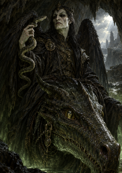 Crowned winged figure holding a green serpent above a horned reptilian beast in a dark cavern with distant towers.