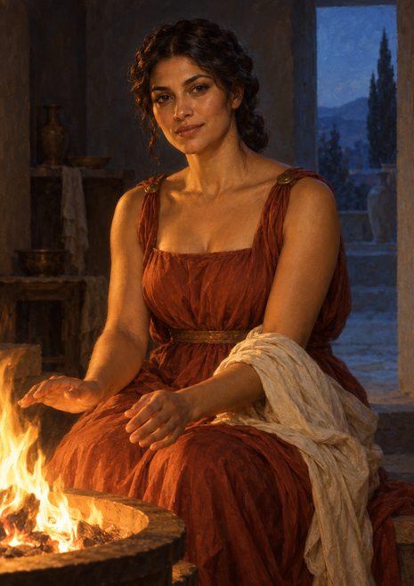 Seated woman in a rust-red dress warming her hands by a small open hearth as a doorway reveals a blue evening landscape.