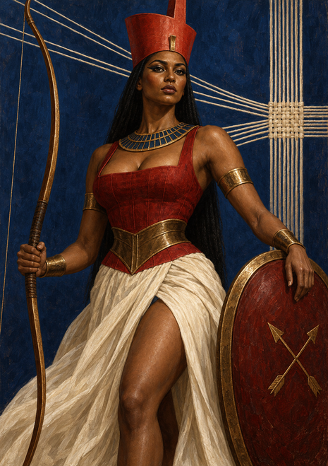 Neith in a red headdress and red garment holding a curved bow beside a round red shield marked with crossed arrows.