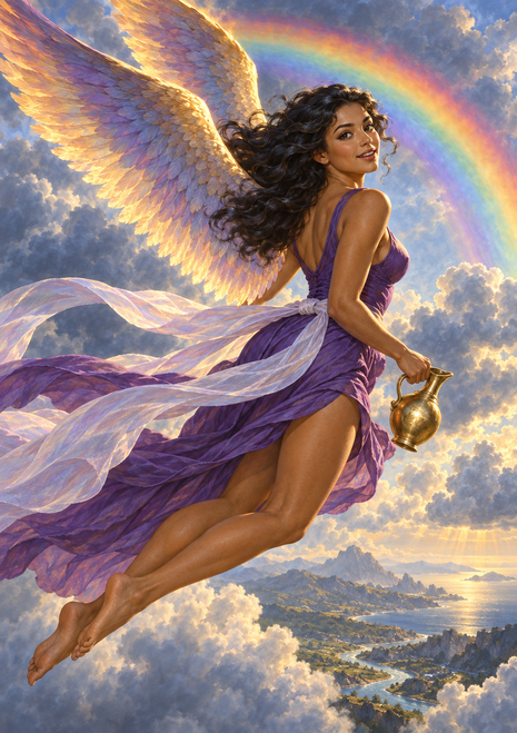 Winged woman in a flowing purple dress holding a gold-colored vessel above clouds, with a rainbow and distant coast.