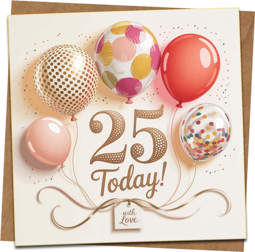 25th Birthday Card – Balloon Design, 145mm x 145mm Square – With Love Message – Includes Kraft Envelope – For Him or Her, Son Daughter Friend, Milestone 25 Today