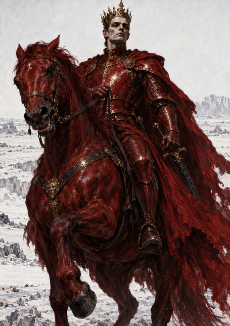 Crowned man in red armor riding a large red horse, with a flowing crimson cloak over a pale barren landscape.