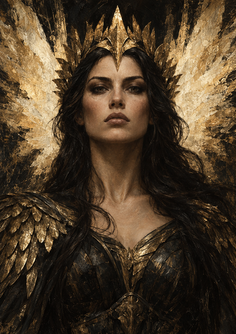 Stern dark-haired woman in dark armor with a pointed gold crown and broad gold feather-like forms behind her.
