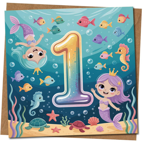 1st Birthday Card for Girl - Cute Mermaid Under the Sea, Age 1, Square 145mm x 145mm, Includes Kraft Envelope