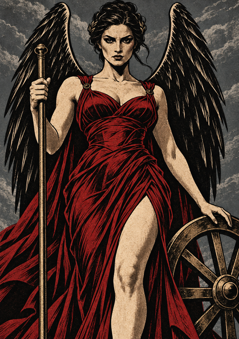 Black-winged woman in a red gown holding a staff beside a large wheel, rendered with engraved hatching on a distressed gray background.