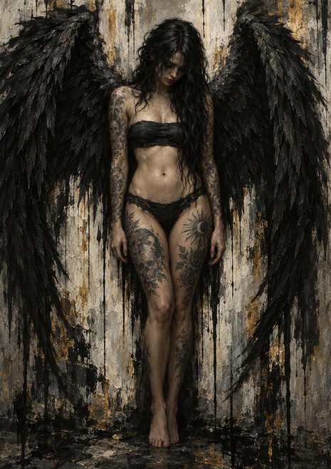 Full-length tattooed woman with bowed head and large black feathered wings against a distressed pale wall.