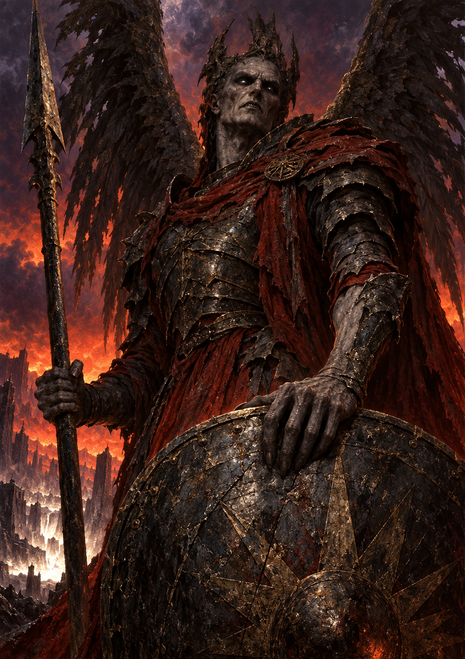 Crowned armored winged figure holding a spear and round shield above a fiery ruined landscape.