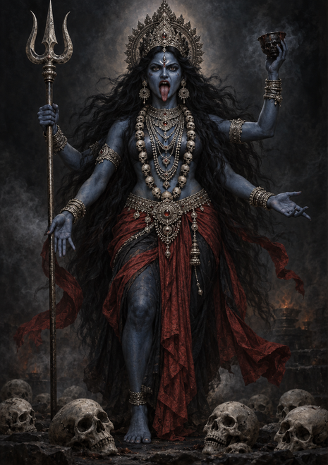Blue-skinned, multi-armed crowned figure with extended tongue holding a trident and raised bowl-like object above foreground skulls.