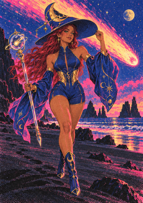 A red-haired sorceress in blue and gold stands on a rocky shore with a staff beneath a comet streak and starry sky.