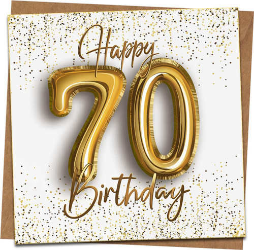 70th Birthday Card – Gold 70 Design with Confetti, 145mm x 145mm Square Greeting Card, Blank Inside, Includes Kraft Envelope – Happy 70th Card for Men or Women, Mum Dad Grandma Grandad