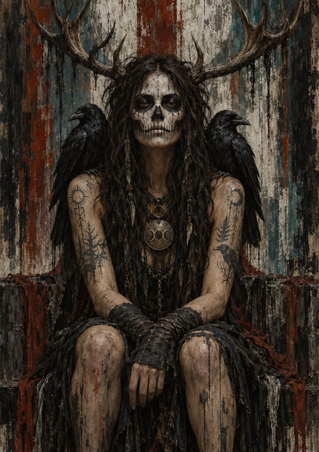 Seated antlered woman with skull-like face imagery, dark clothing, arm tattoos, a circular pendant, and a raven on each shoulder.