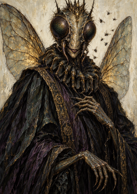 Seated insectoid fantasy figure with large compound eyes, veined wings, dark ornate garments, and small flies.
