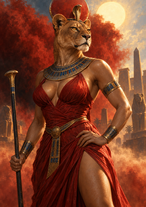 Lion-headed Sekhmet in a red dress and blue-and-gold collar holds a staff before a red disc, bright sun, trees, and distant obelisks.