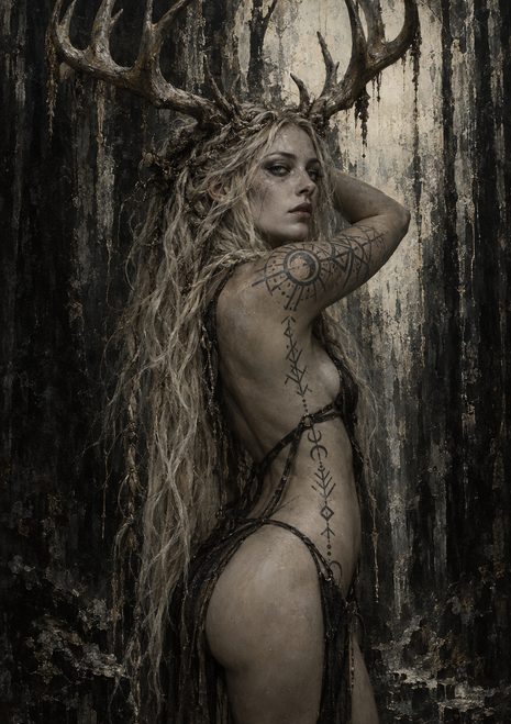 Long-haired woman with branching antlers and geometric body markings stands in profile in a dark forest.