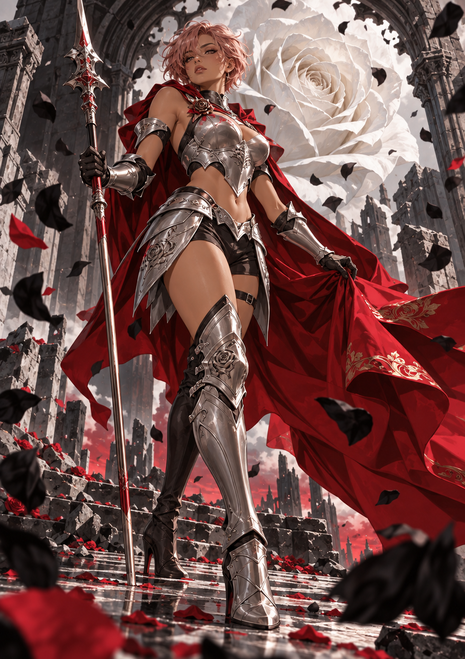 Pink-haired fantasy warrior in silver armor holds a spear before a ruined archway and oversized pale rose, with a red cape sweeping behind her.