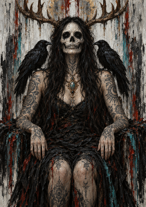Seated skull-faced woman with antler-like branches and black birds at her shoulders against a distressed pale wall.