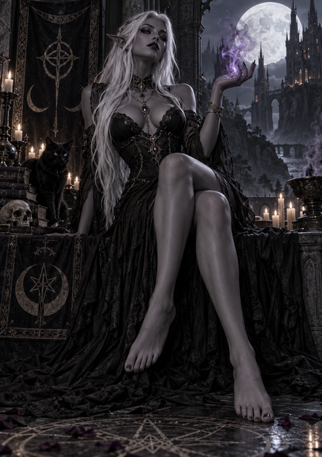 White-haired elf sorceress in a black gown raises violet smoke near a black cat, books and candles.