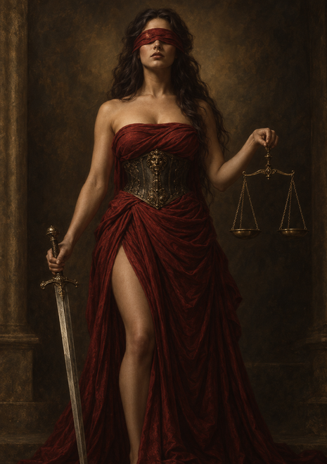 Full-length blindfolded woman in a deep red gown holding a sword and balance scales in a dark stone-like interior.