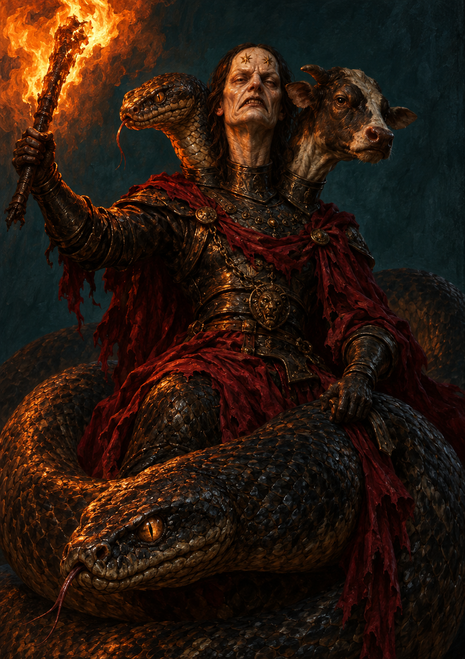 Armored humanoid figure with a snake head, bovine head, coiling serpent, and flaming torch.