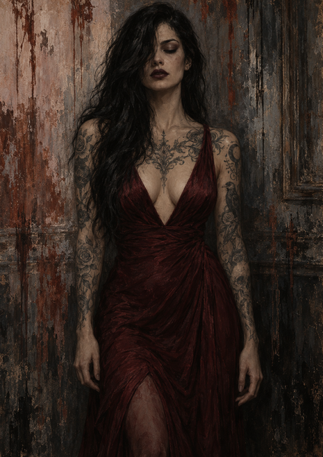 Tattooed woman in a deep burgundy draped gown before a stained paneled wall.