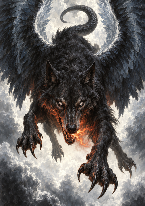 Winged black wolf-like creature with glowing eyes and curled scaled tail lunging before a full moon.