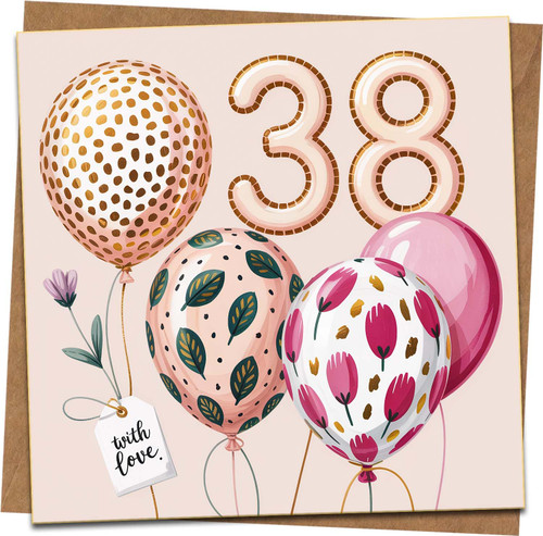 38th Birthday Card for Her, Balloon Floral Design, 145mm x 145mm Square Greeting Card with Kraft Envelope, With Love Tag, Pink and Gold Tones
