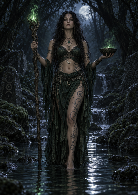 Dark-haired woman holds a green-flamed staff and glowing bowl in a moonlit woodland stream.