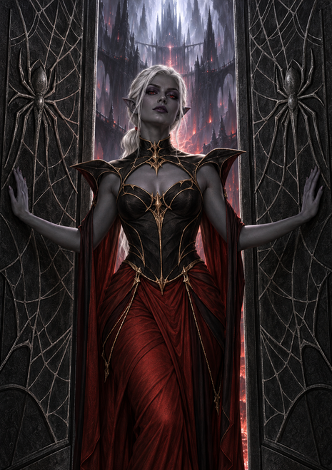 White-haired gray-skinned elf in black-and-gold regalia and a red skirt stands between two spider-carved doors, palms against their panels.