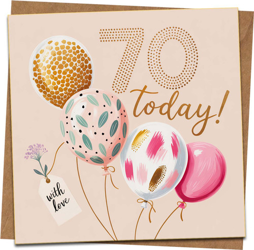 70th Birthday Card – Balloon Design – 145mm x 145mm Square Greeting Card with Kraft Envelope – ‘70 Today’ Milestone – Blank Inside for Women or Men