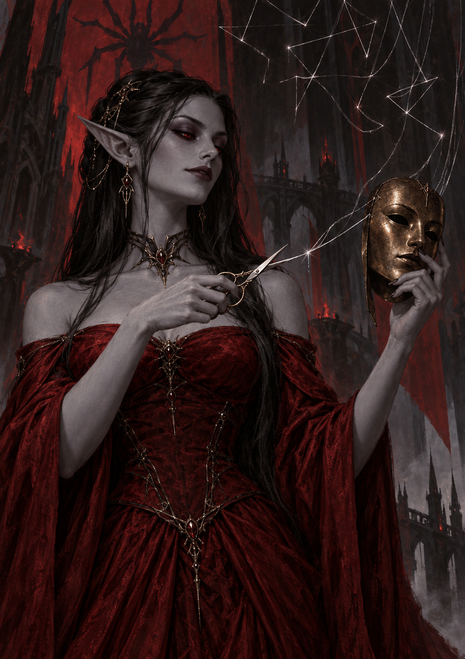 Dark-haired gray-skinned elf in a crimson gown holds a bronze face mask and open scissors among fine white threads in a dark hall.