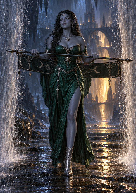Gray-skinned dark-haired elf in an emerald gown holds a horizontal spider-decorated standard between two curtains of falling water.