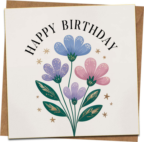Happy Birthday Card 145mm x 145mm – Floral Bouquet Design with Gold Details – Blank Inside – Premium Greeting Card with Kraft Envelope for Women Men Friends