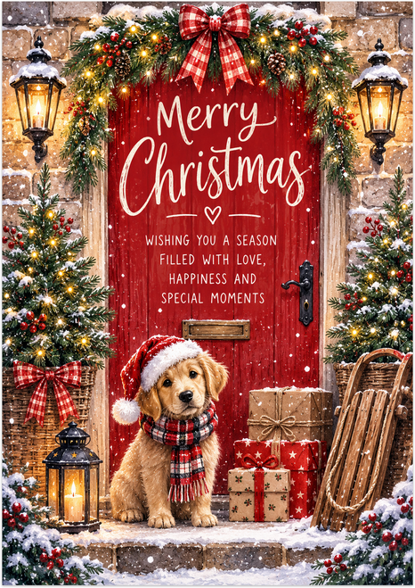 Merry Christmas Doorstep with Puppy Card - main