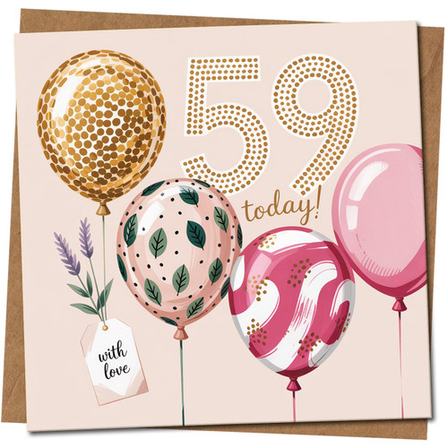 59th Birthday Card - Balloons Design - 59 Today, 145mm x 145mm Square, Includes Kraft Envelope