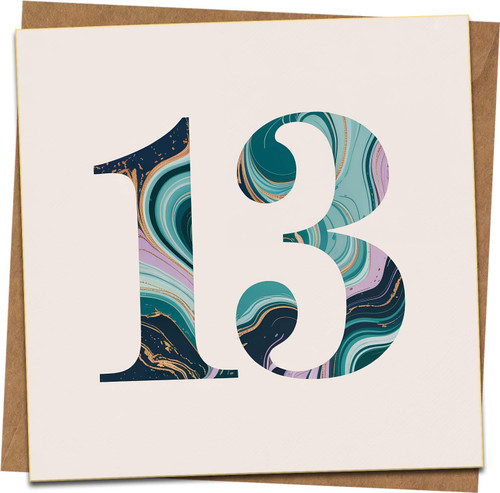 13th Birthday Card – Marble Swirl Design, Teal Navy Lilac – 145mm x 145mm Square Greeting Card with Kraft Envelope – Teen Age 13 Celebration Card for Boys Girls