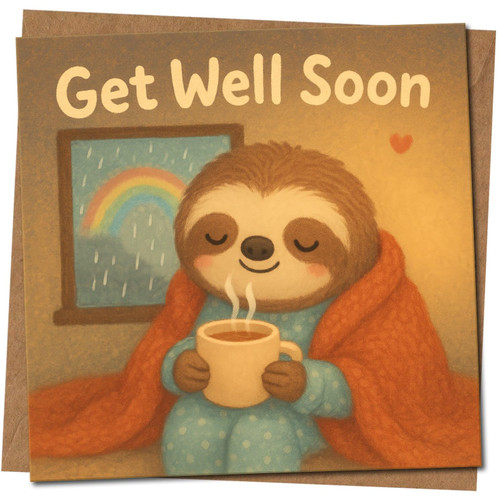 Cute Sloth Get Well Soon Card 145mm x 145mm - Cosy Blanket & Hot Drink Illustration - Square, For Friend, Family or Colleague, Includes Kraft Envelope