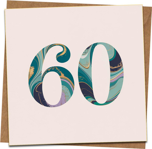 60th Birthday Card for Men or Women – Marble Number Design – 145mm x 145mm Square Greeting Card with Kraft Envelope – Blank Inside