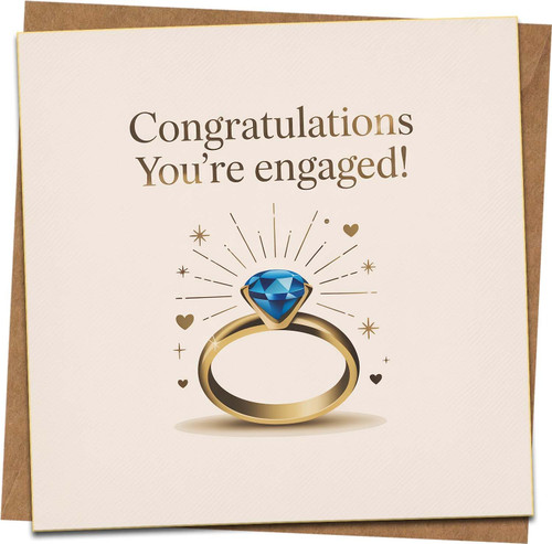 Engagement Card Congratulations You're Engaged - 145mm x 145mm Square Greeting Card with Kraft Envelope, Elegant Ring Design, Blank Inside