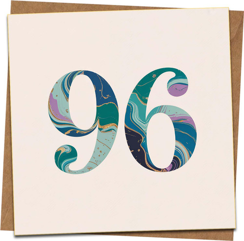 96th Birthday Card – Marble Number Design – 145mm x 145mm Square – Blank Inside – Kraft Envelope Included – Elegant Milestone Greeting for Men or Women