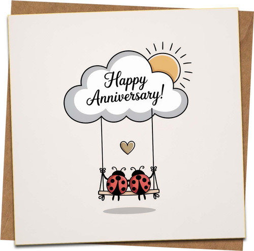 Happy Anniversary Card 145mm x 145mm – Cute Ladybirds on Swing Under Cloud & Sun – Blank Inside – Romantic Greeting Card for Husband Wife Partner – Kraft Envelope Included