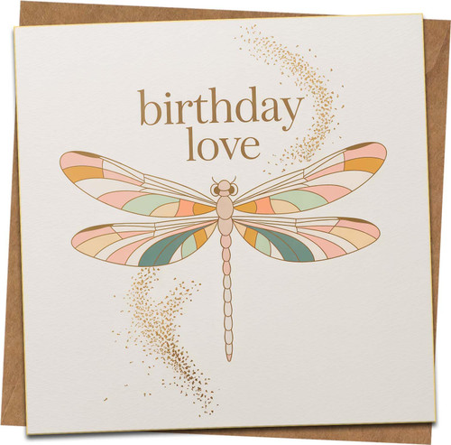 Birthday Love Dragonfly Greeting Card - 145mm x 145mm Square - Pastel Design with Gold Details - Blank Inside - Includes Kraft Envelope